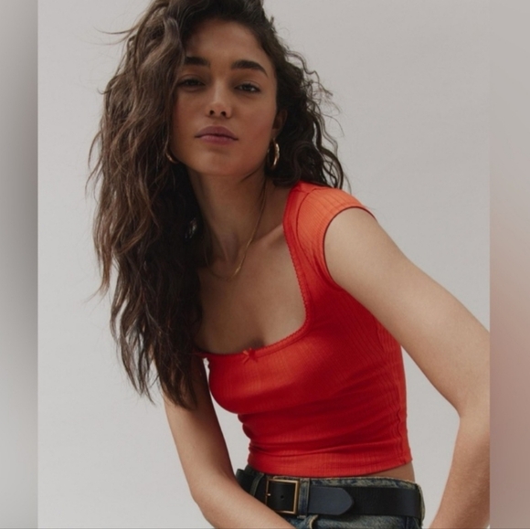 BDG Urban Outfitters Olivia Picot Square Neck Top in Red/orange. Size M NWOT - Picture 2 of 11